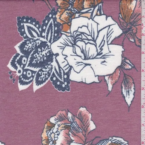 1 YD PC-Dark Mauve/White Stylized Floral Double Brushed French Terry Knit Fabric