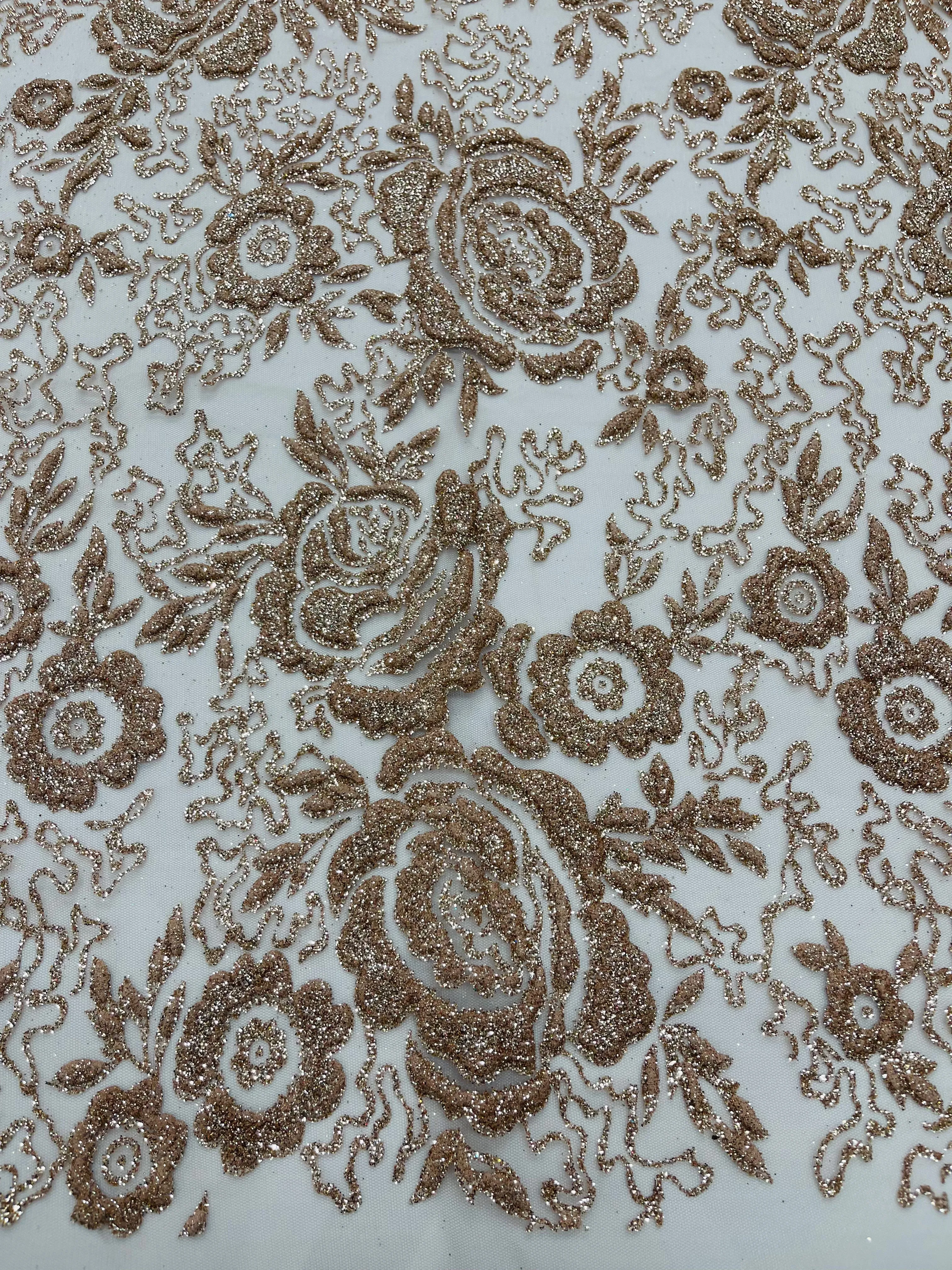 3D Full Roses Chunky Glitter Design On A Mesh Lace Fabric/Prom.