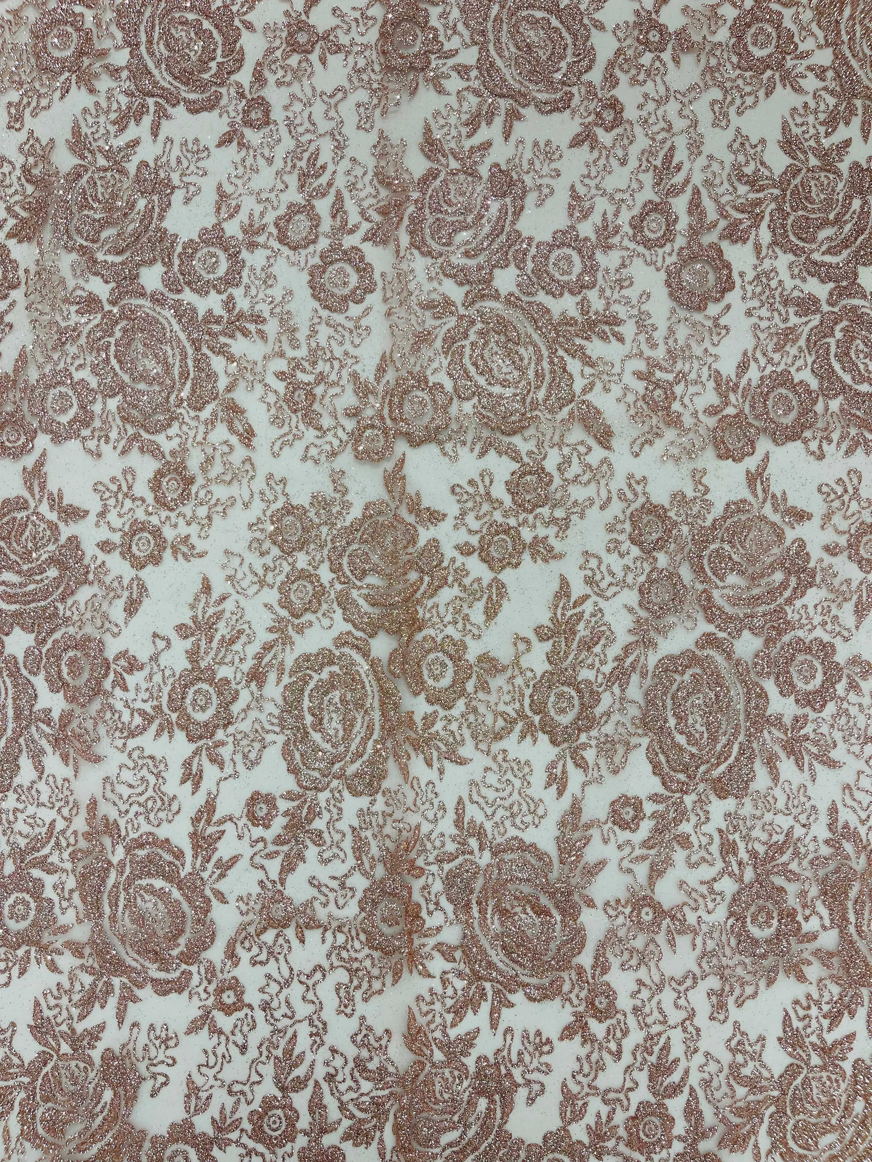 3D Full Roses Chunky Glitter Design On A Mesh Lace Fabric/Prom.