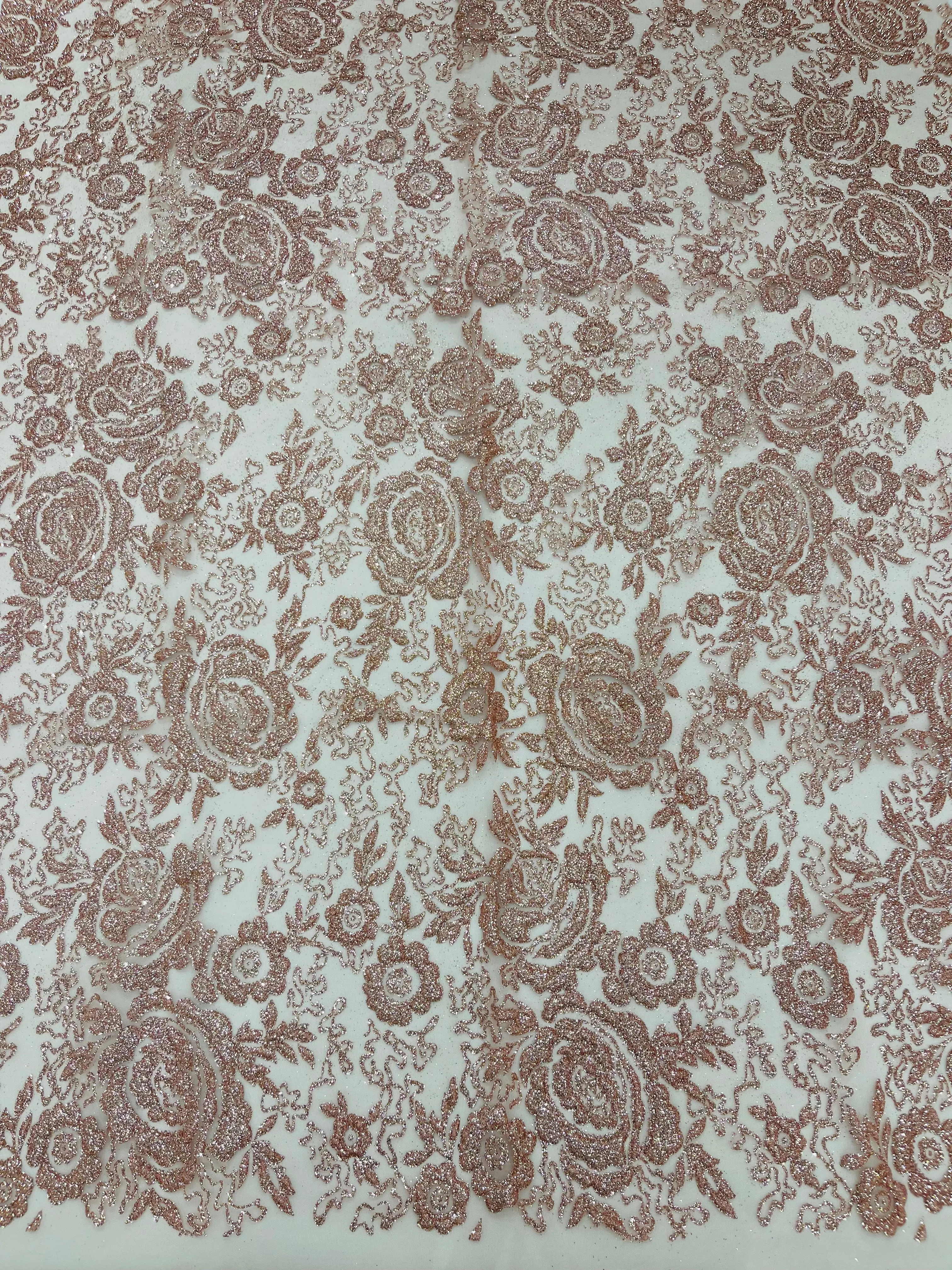 3D Full Roses Chunky Glitter Design On A Mesh Lace Fabric/Prom.