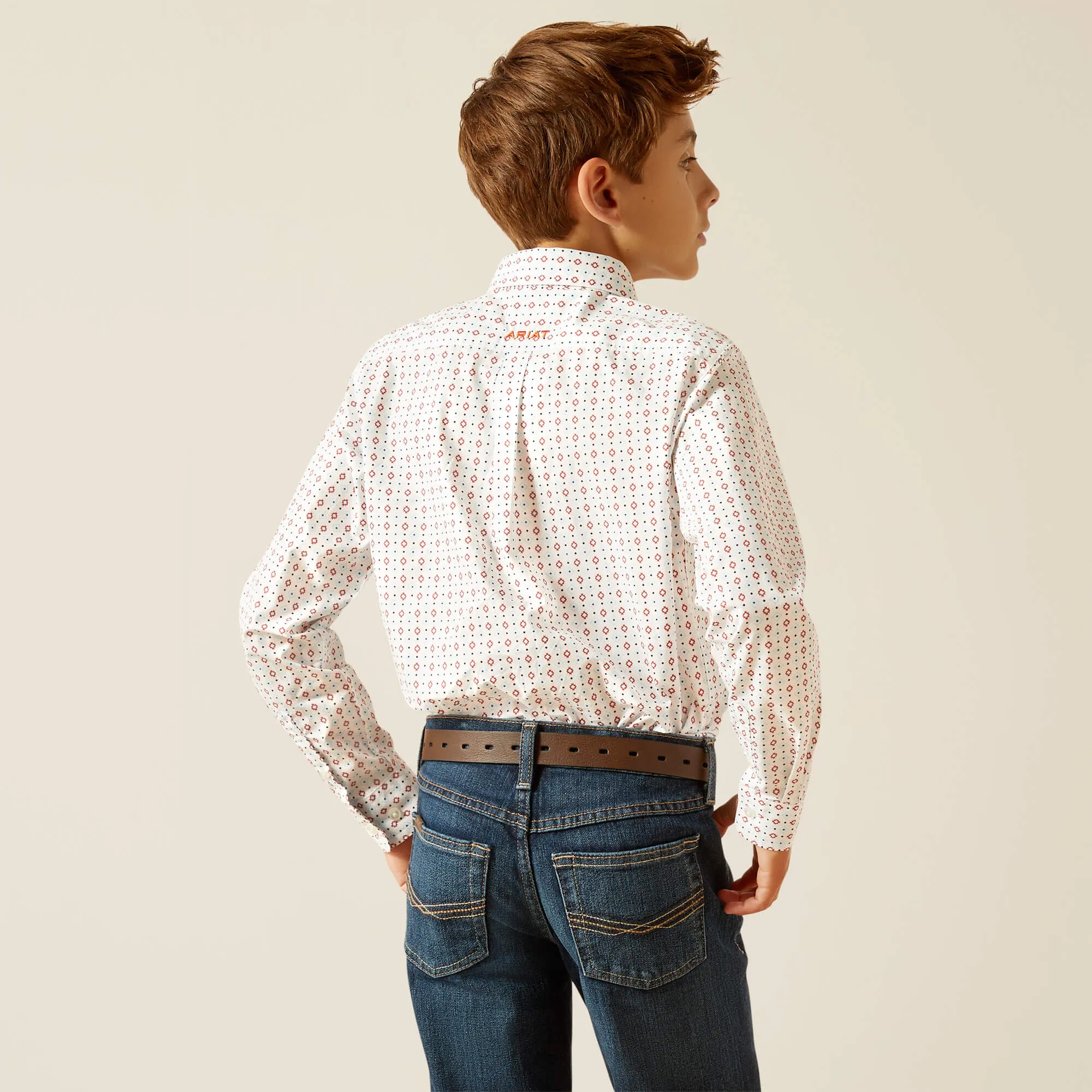 Ariat Boy's Kade Classic Button Down Shirt in White/SW Geometric