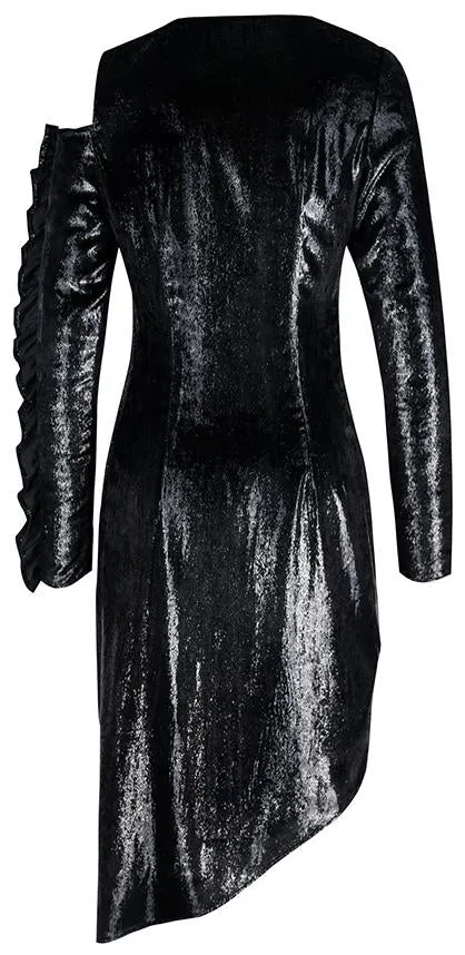 Asymmetrical Black Glitter Gathered Dress