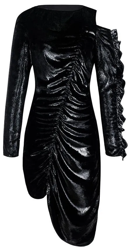 Asymmetrical Black Glitter Gathered Dress