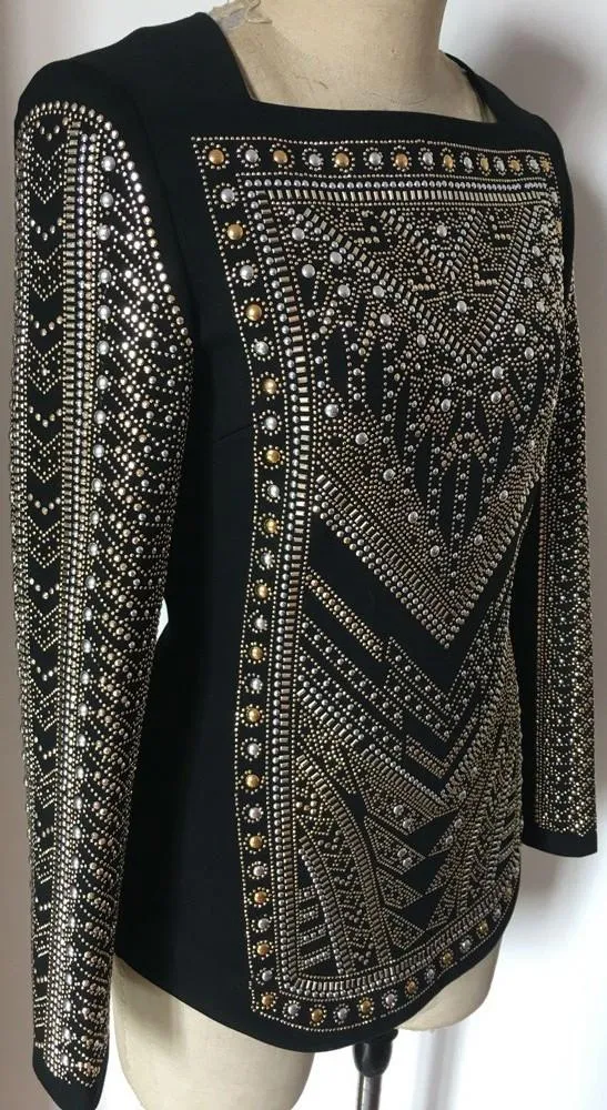 Bead-Embellished Black Long-Sleeve Top