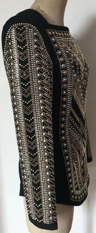 Bead-Embellished Black Long-Sleeve Top