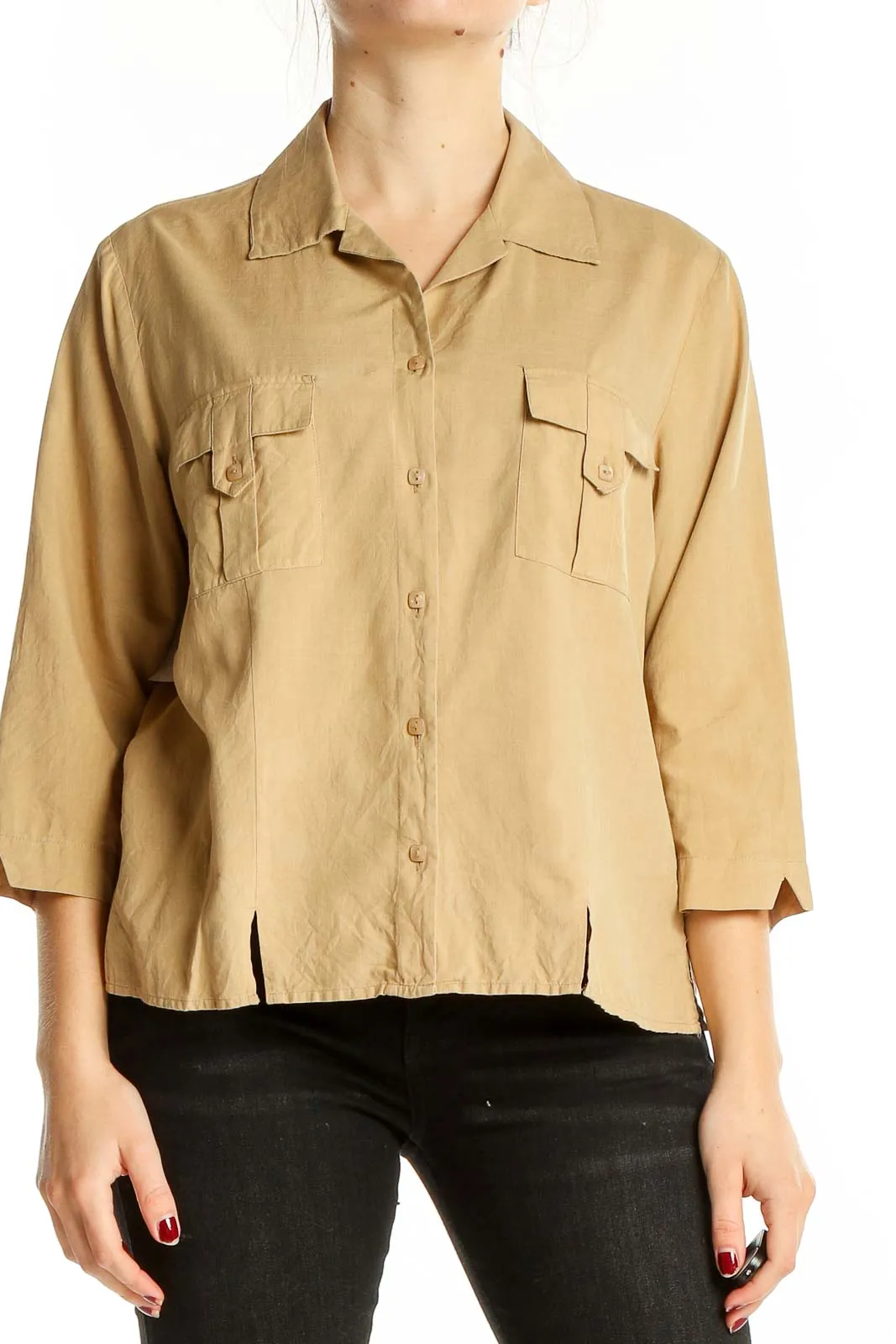 Beige Silk Button-Up Blouse