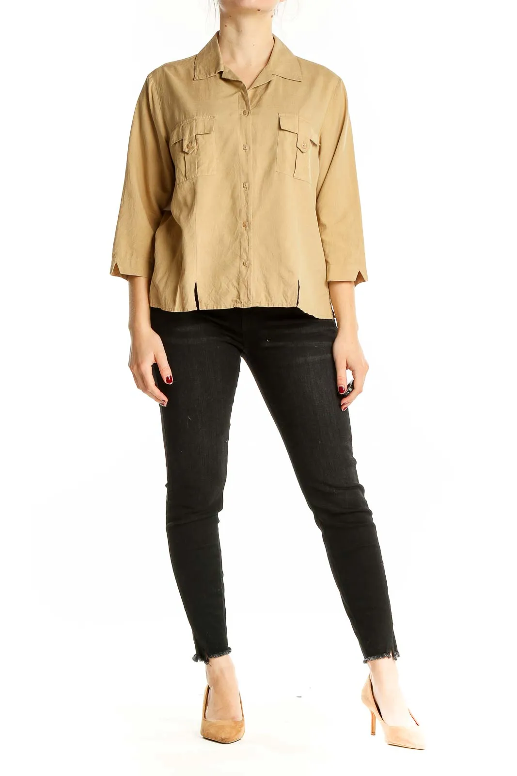 Beige Silk Button-Up Blouse