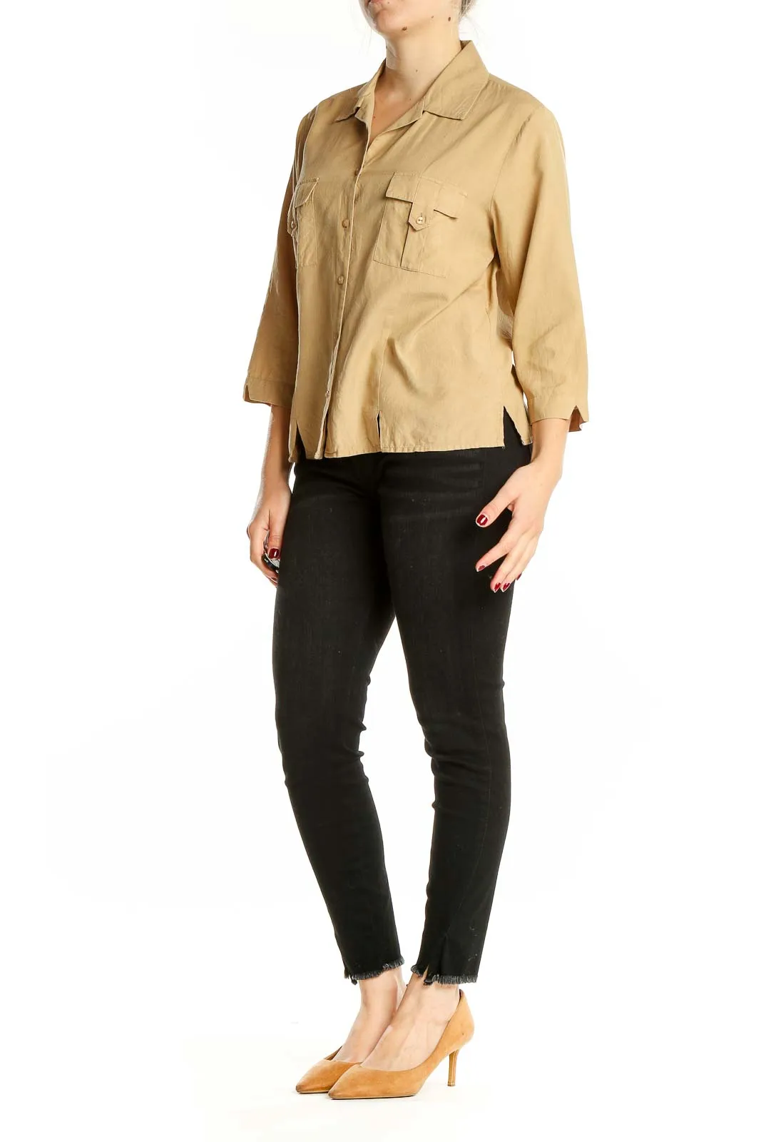 Beige Silk Button-Up Blouse