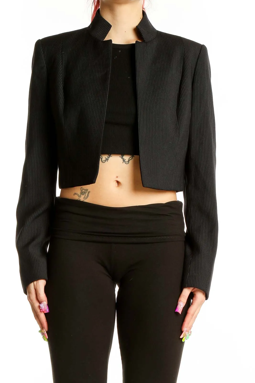 Black Cropped Pinstripe Blazer