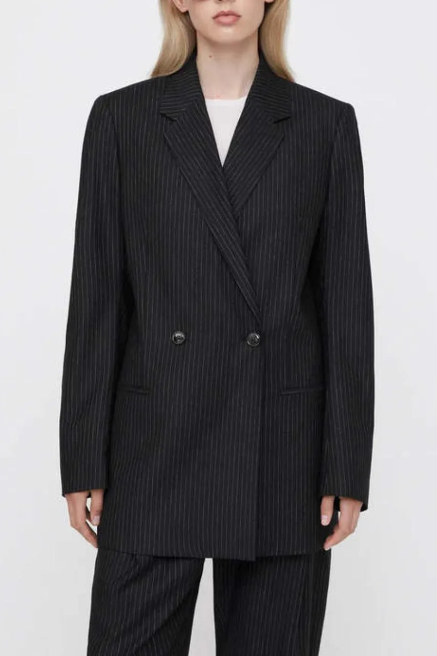 Black Pinstripe Double-Breasted Vent Blazer