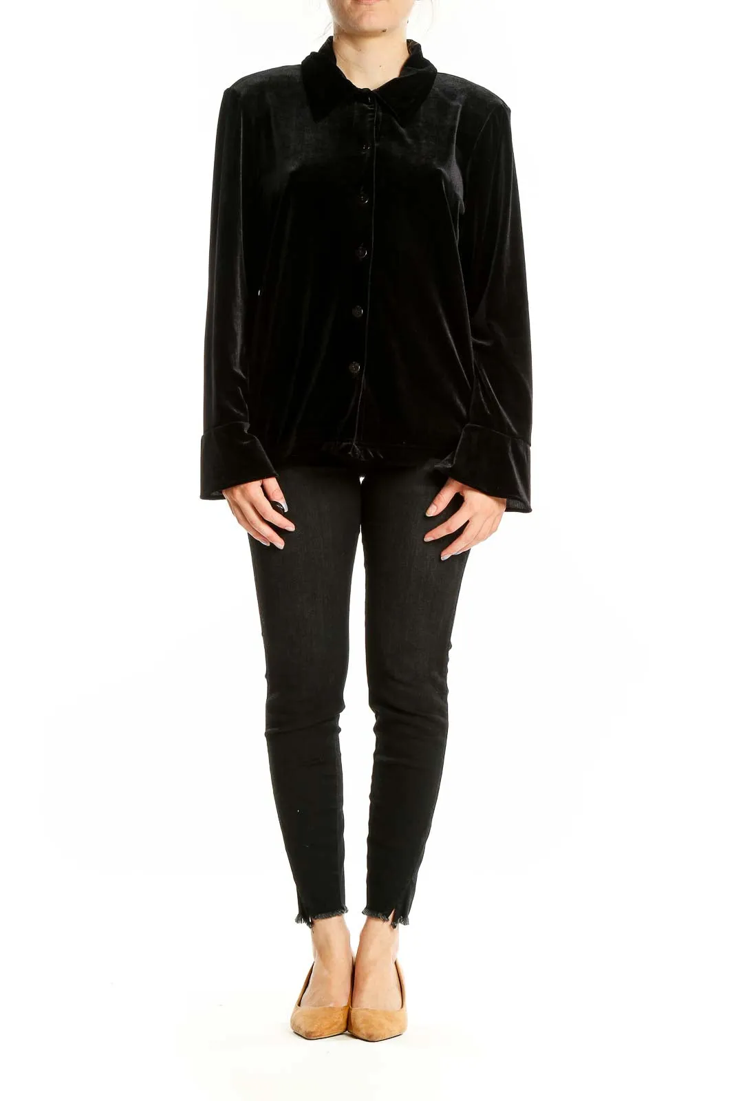 Black Velvet Button-Up Blouse