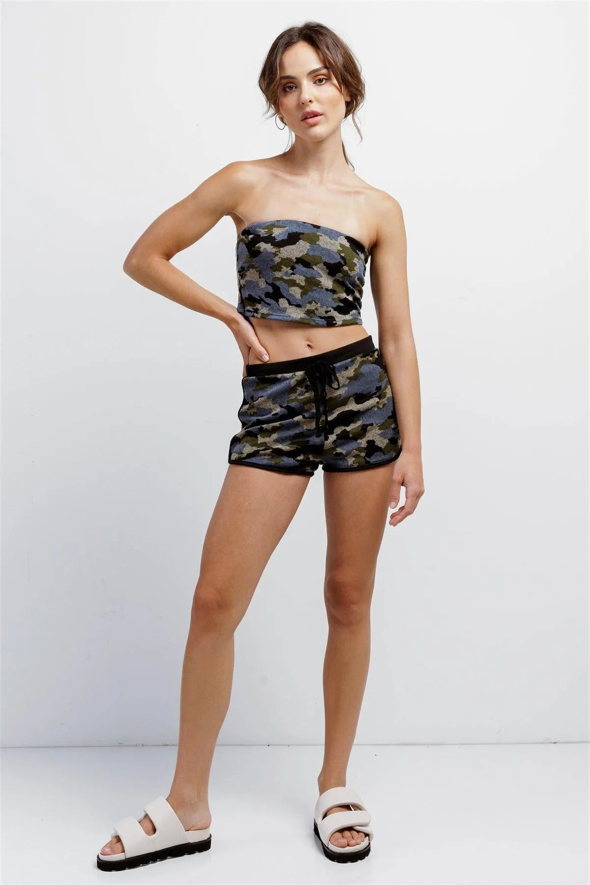 Blue Camo Knit Sleeveless Strapless Tube Crop Top & High Waist Self-Tie Sporty Mini Shorts Set /3-2-1