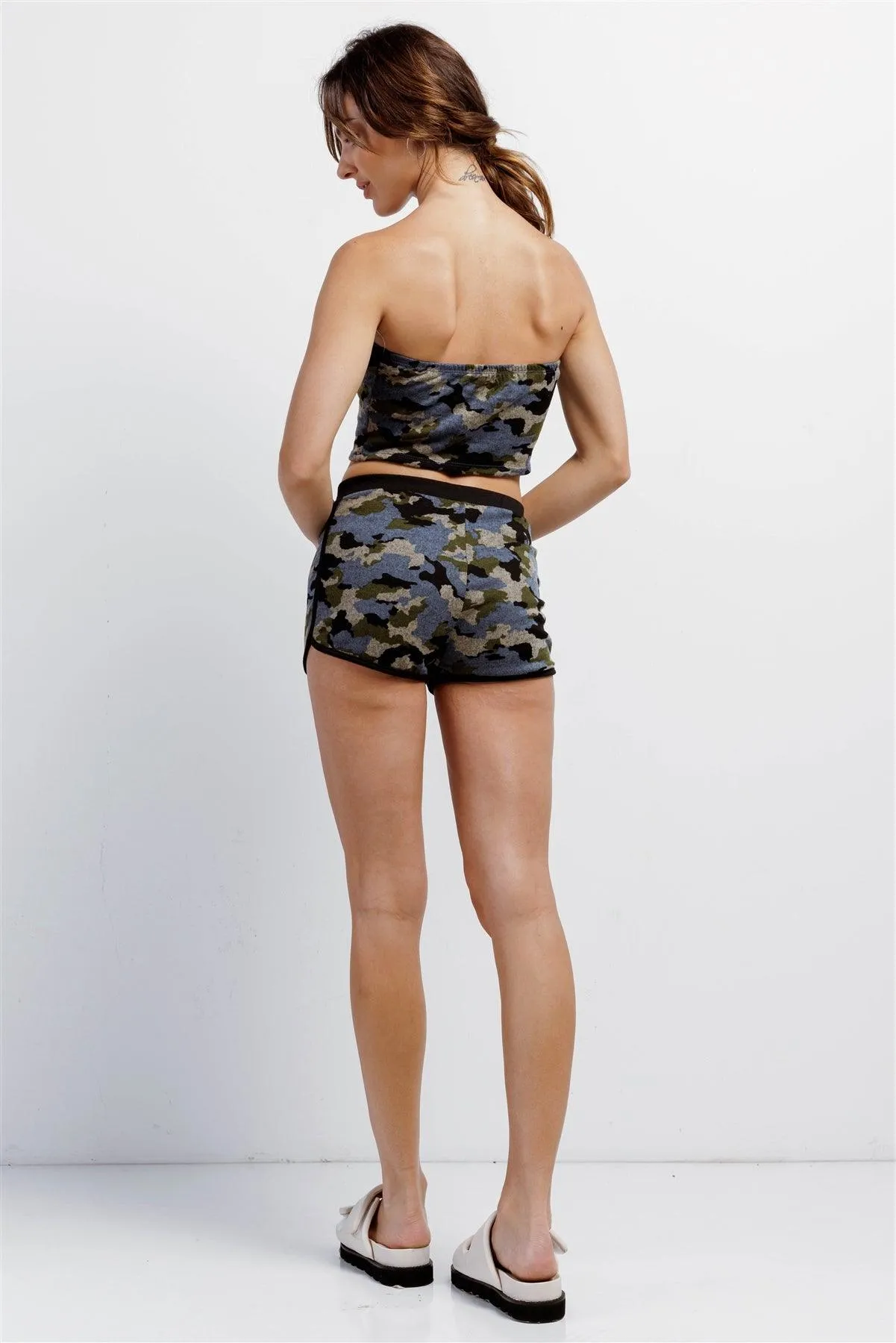 Blue Camo Knit Sleeveless Strapless Tube Crop Top & High Waist Self-Tie Sporty Mini Shorts Set /3-2-1