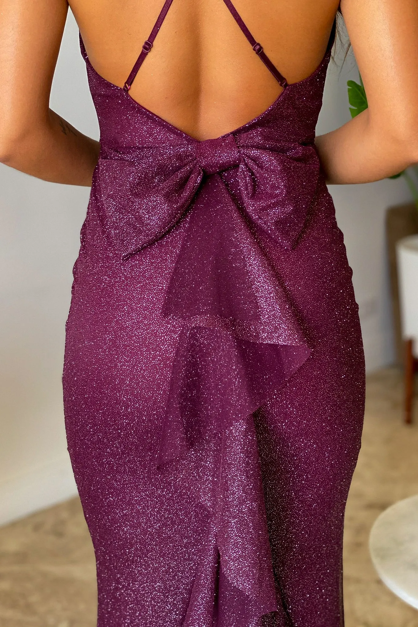 Burgundy Glitter Maxi Dress With Bow Ruffle Details