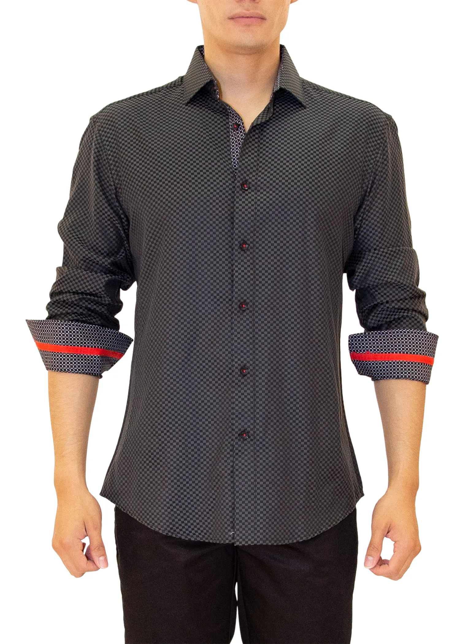 Checkered Texture Long Sleeve Dress Shirt Black