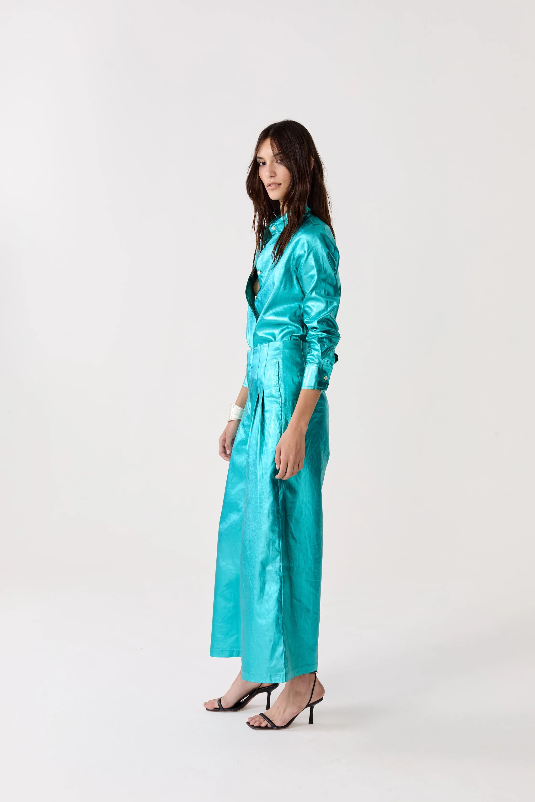 Culotte Metallic Linen Pants - Turquoise