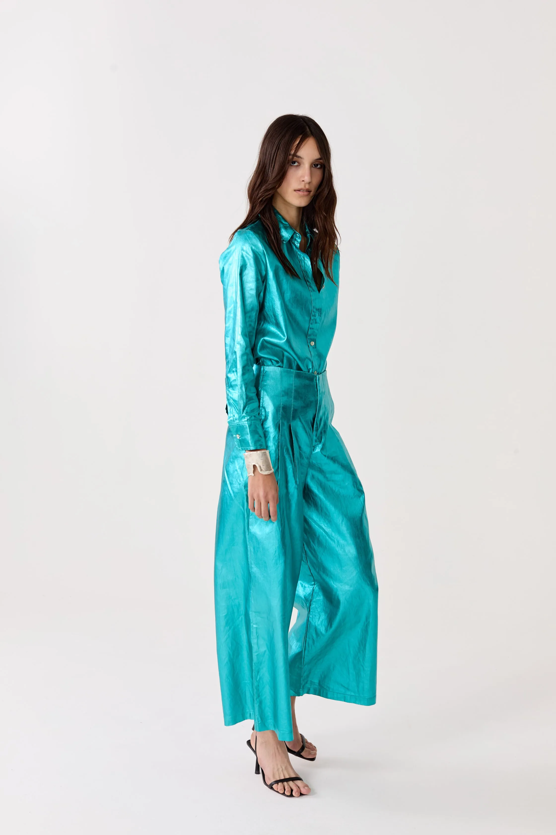 Culotte Metallic Linen Pants - Turquoise