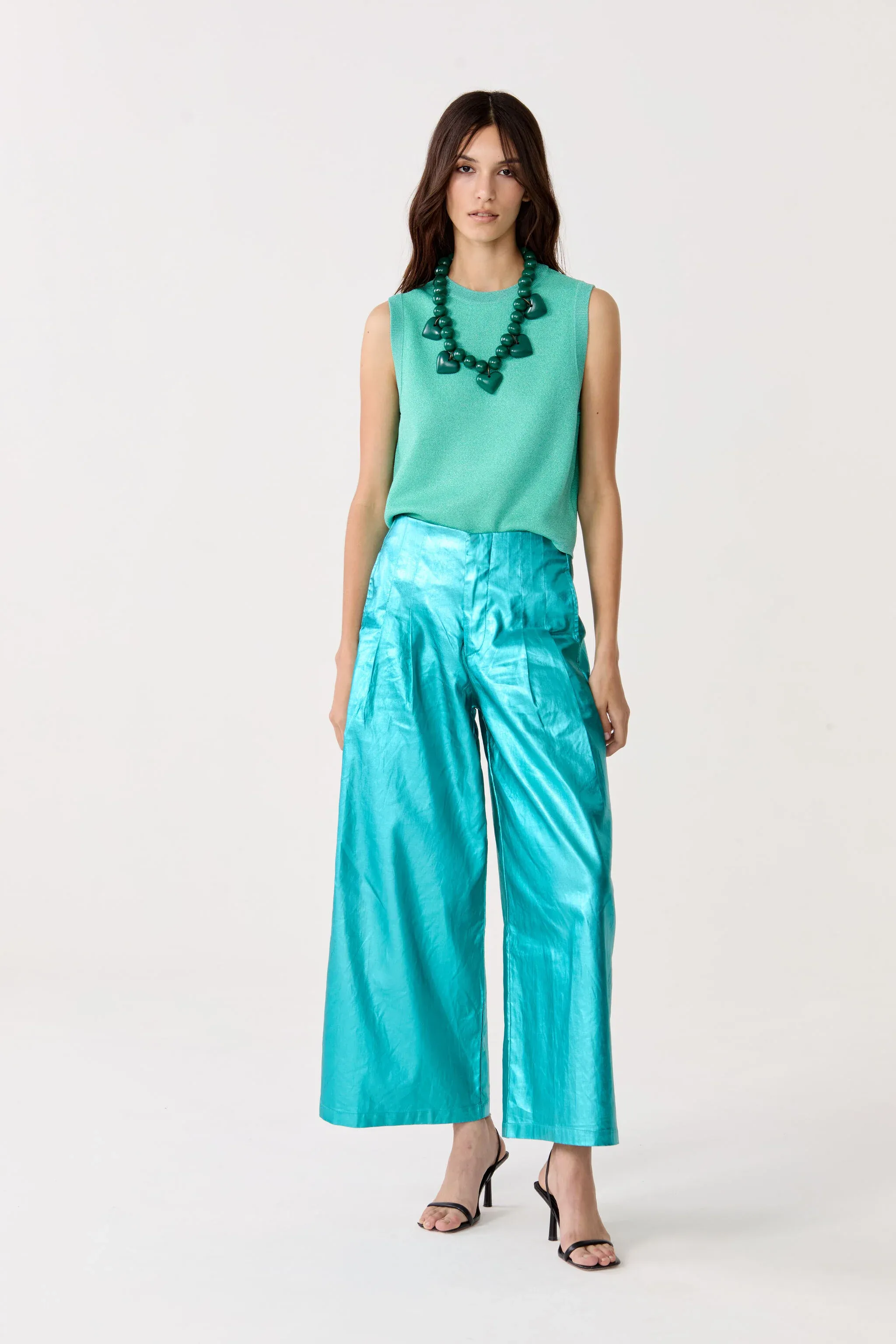 Culotte Metallic Linen Pants - Turquoise