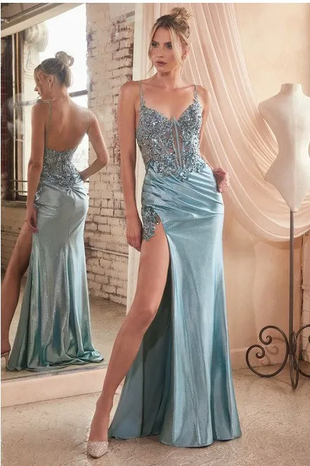 Dusty Blue Stretch Satin Glitter & Lace Fitted Gown