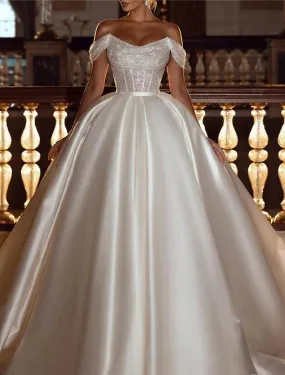 Engagement Formal Glitter & Sparkle Wedding Dresses Ball Gown Off Shoulder Cap Sleeve Chapel Train Satin Bridal Gowns With Solid Color