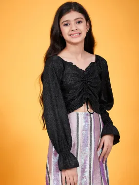 Girls Embellished Sweetheart Neck Puffed Sleeves Crop Ruched Top - Ps Peaches