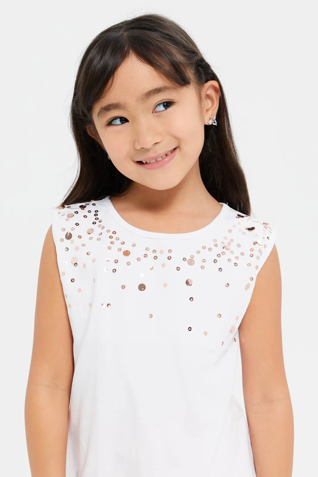 Girls White Embellished Sequins T-Shirt