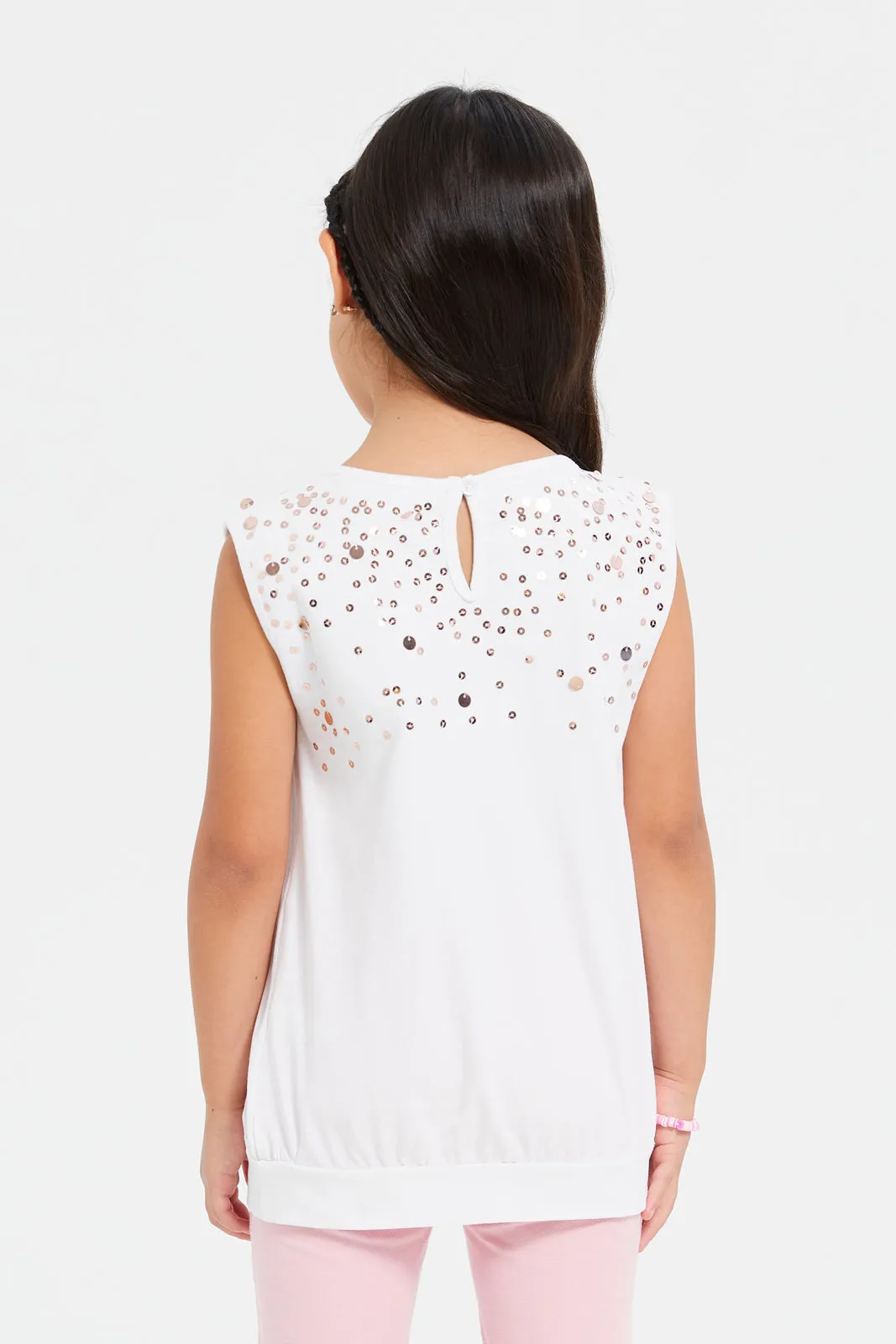 Girls White Embellished Sequins T-Shirt