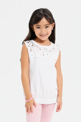 Girls White Embellished Sequins T-Shirt