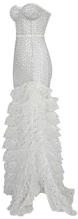 Glitter Mesh Tiered Strapless Gown