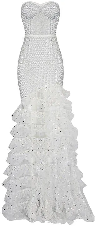 Glitter Mesh Tiered Strapless Gown