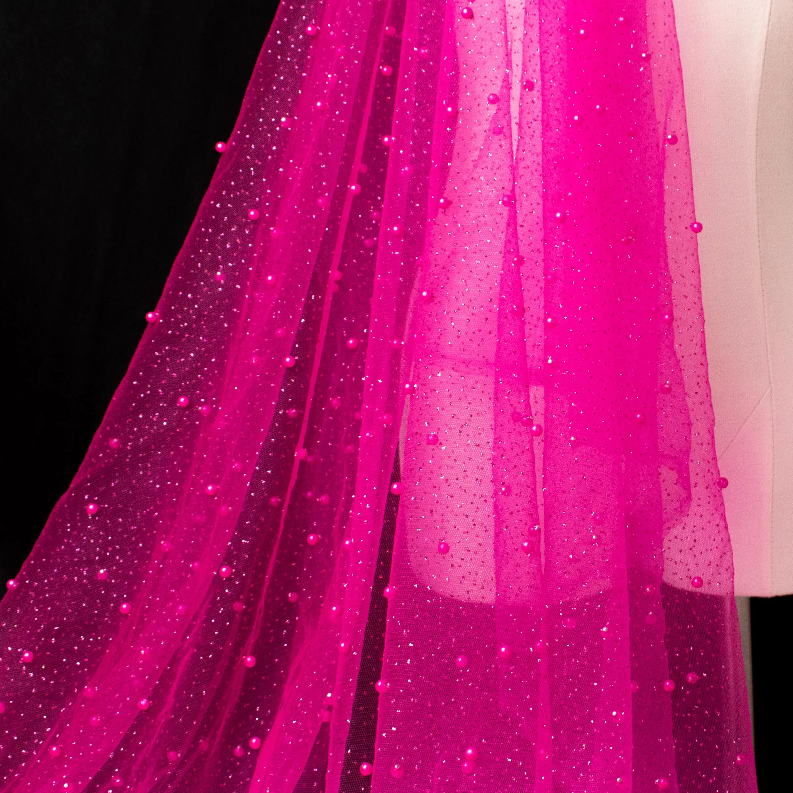 Glitter Tulle Pearl Netting Fuschia