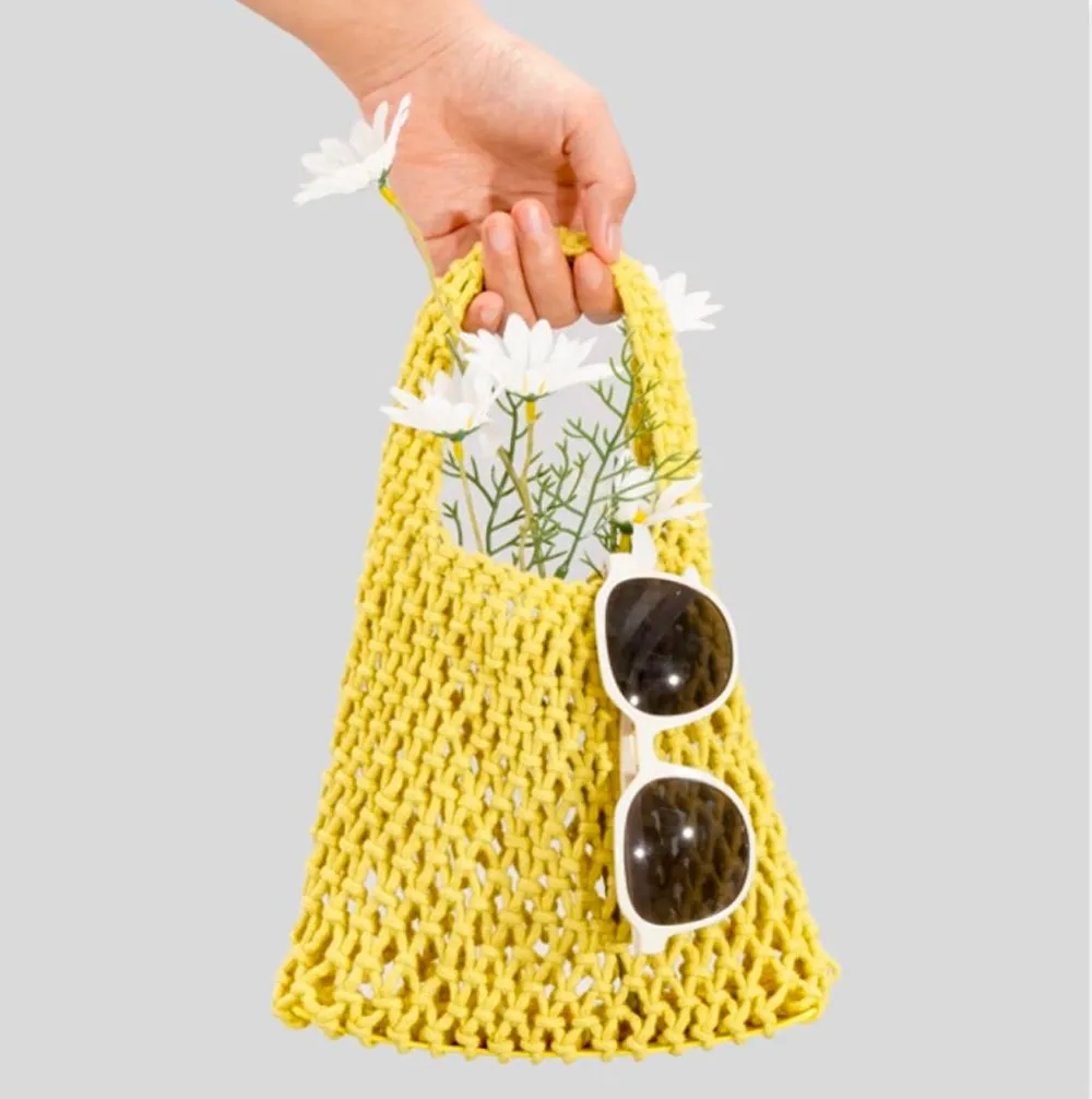 Hand-Woven Cotton Hemp Knitted Small Shopping Hobo Handle Bags , Natural Dyed