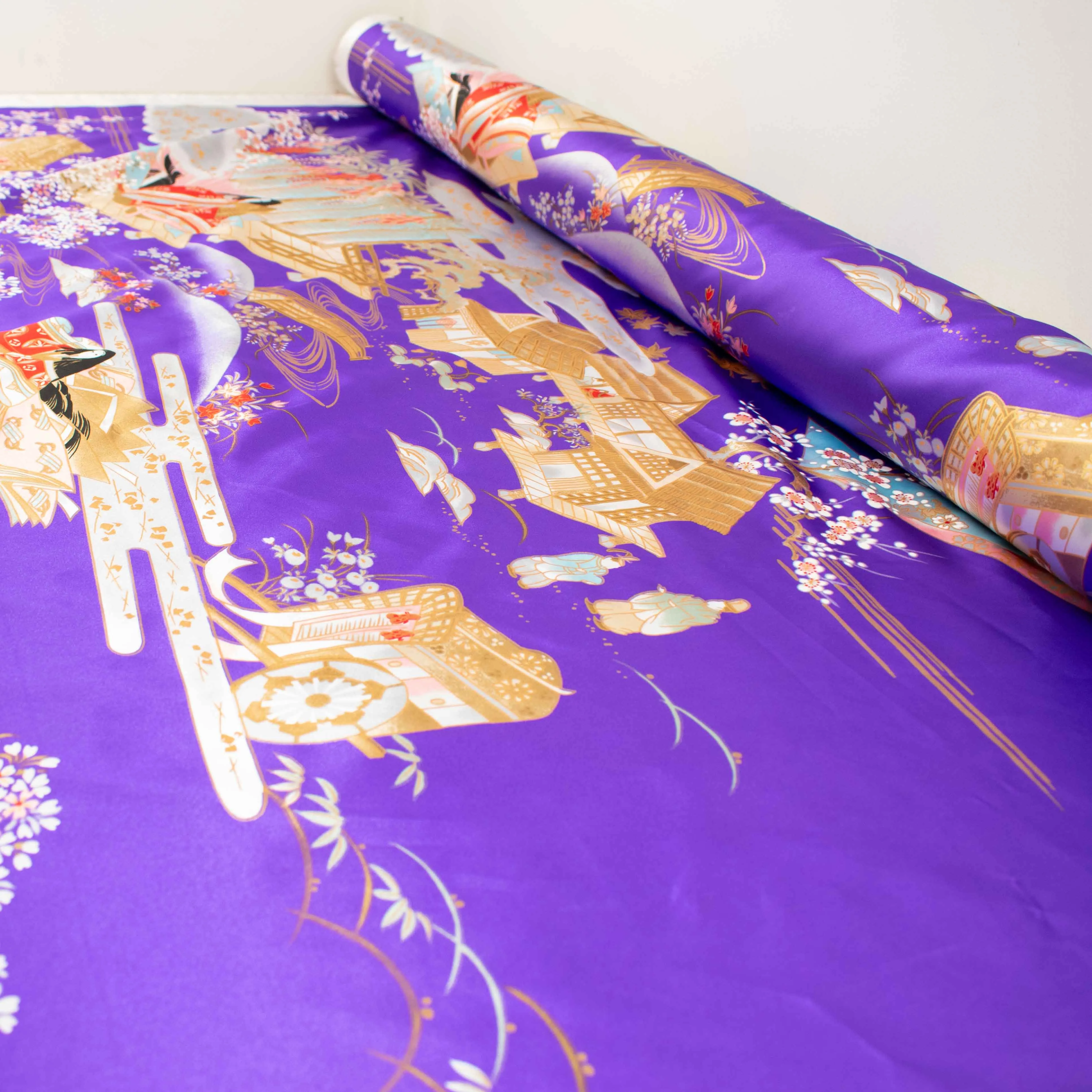 Japanese Ukiyoe Kimono Satin Prints Design-Purple