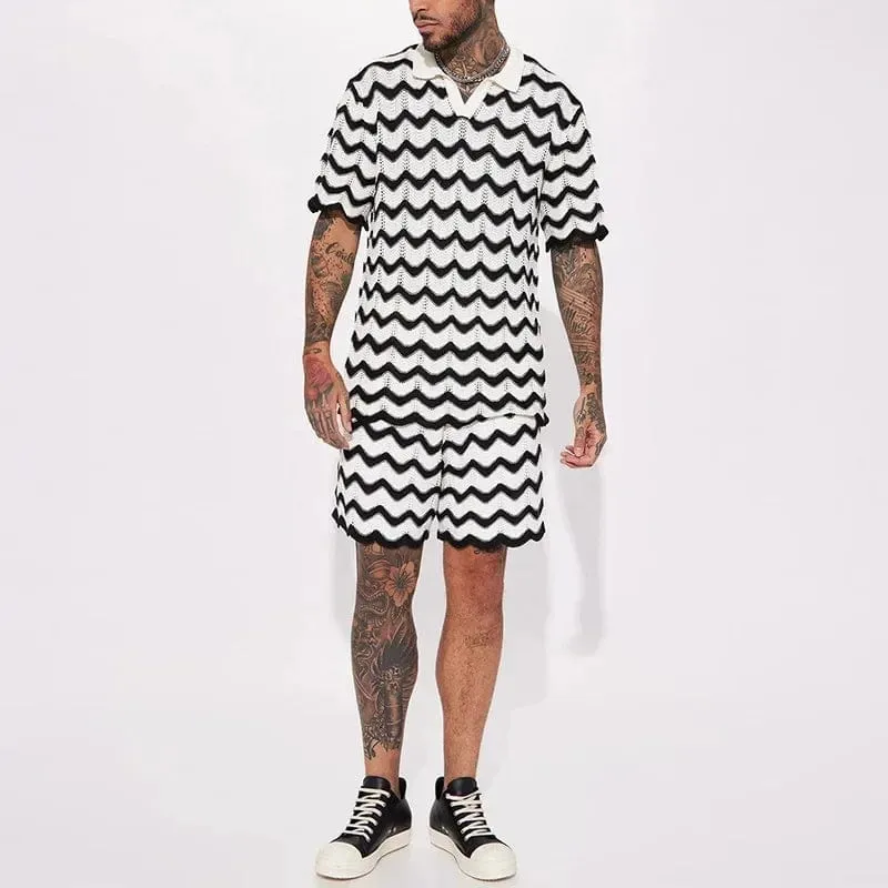 Knit Fashion Print Two-Piece Set: Men's Loungewear with Shirts and Shorts