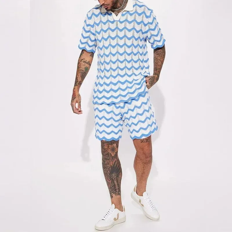 Knit Fashion Print Two-Piece Set: Men's Loungewear with Shirts and Shorts