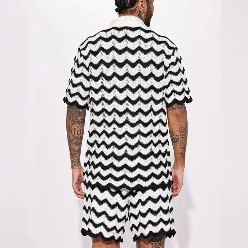 Knit Fashion Print Two-Piece Set: Men's Loungewear with Shirts and Shorts