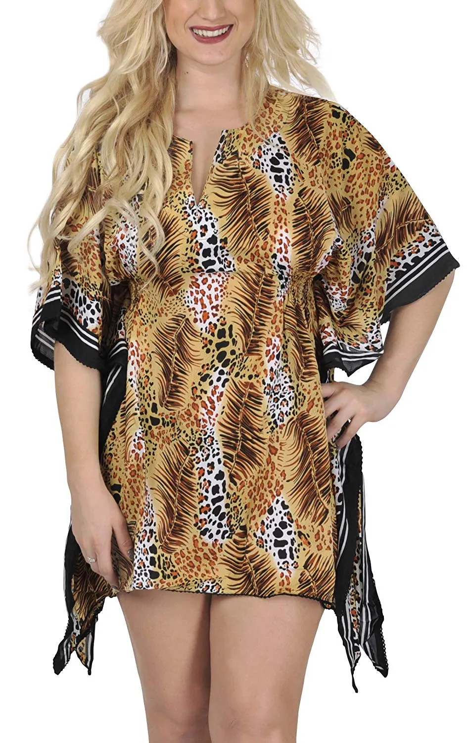 LA LEELA Soft fabric Printed Vacation Women Cover Up OSFM 8-14 [M-L] Brown_2258