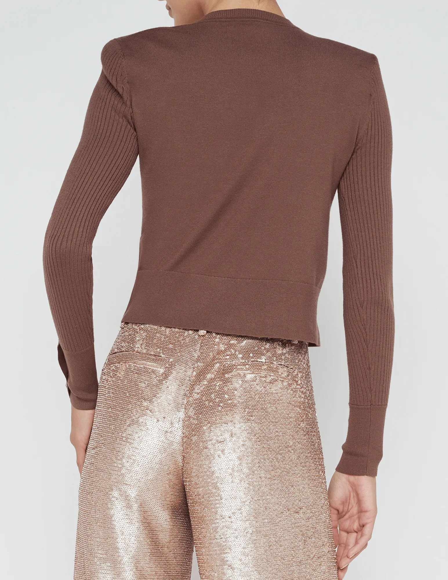 L'Agence Sky Crystal Button Long Sleeve Cropped Crew