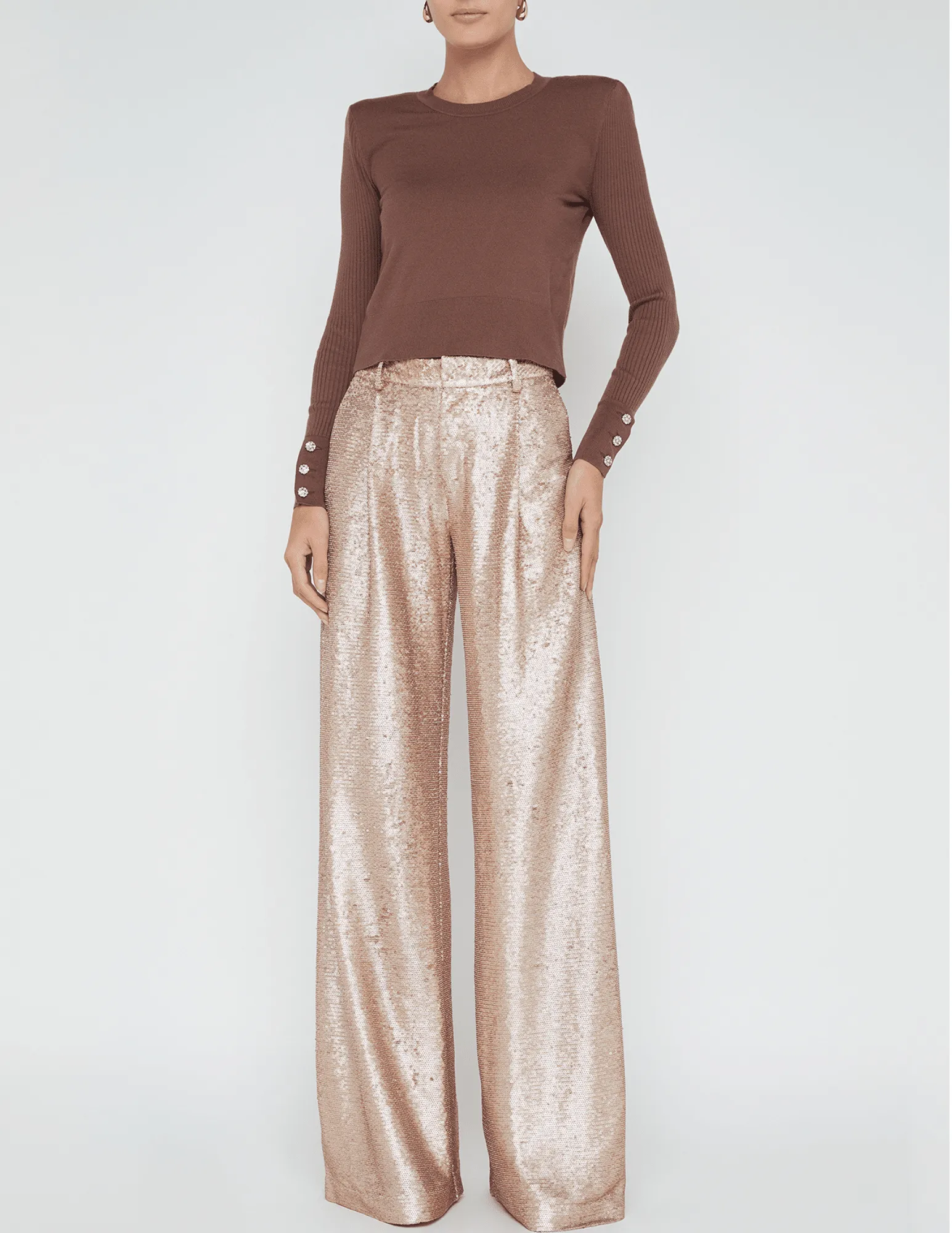 L'Agence Sky Crystal Button Long Sleeve Cropped Crew