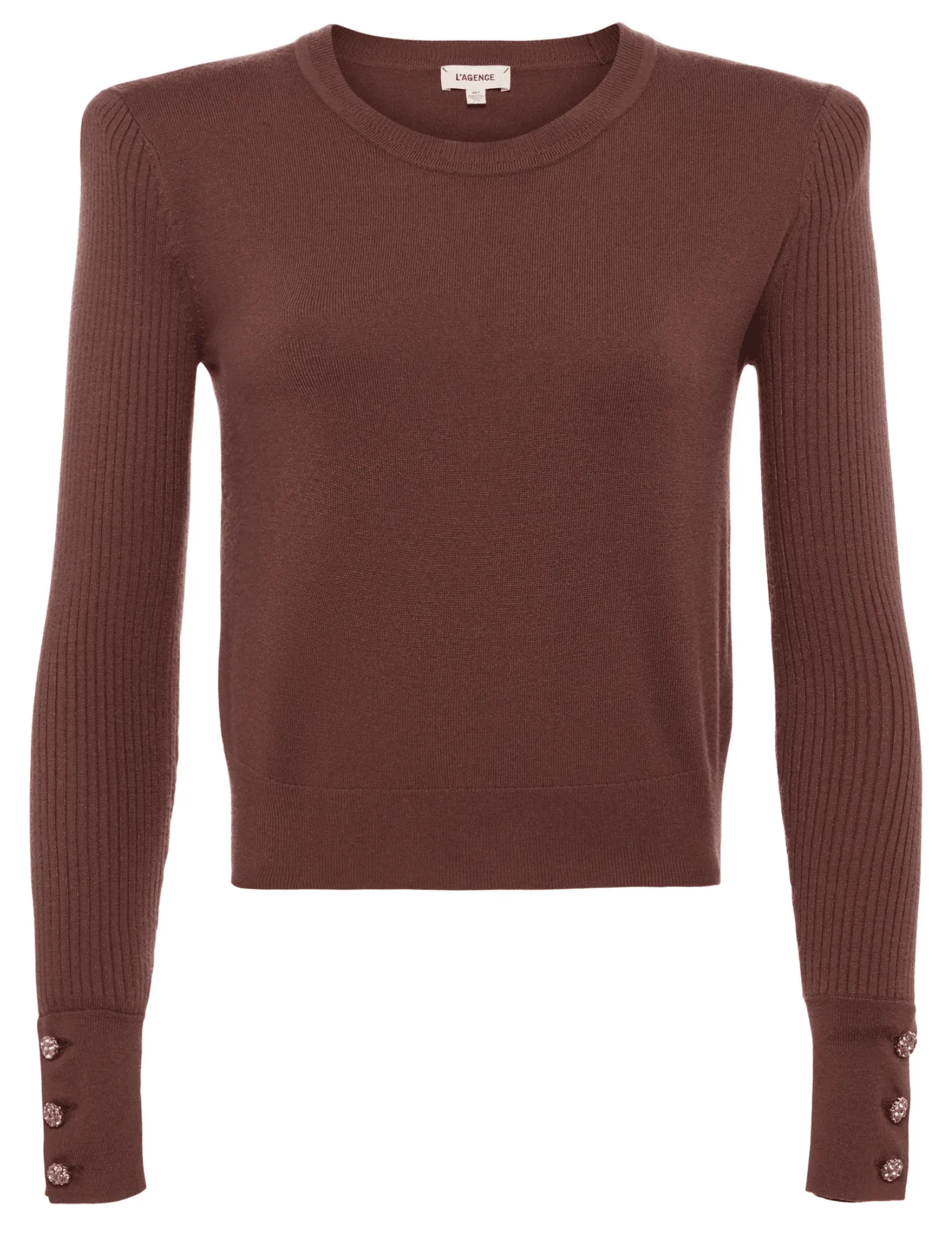 L'Agence Sky Crystal Button Long Sleeve Cropped Crew