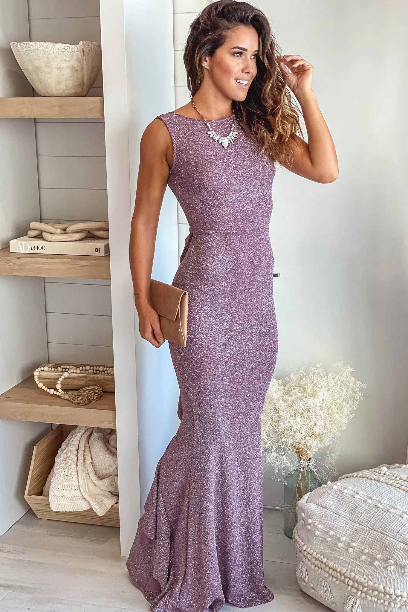 Lavender Glitter Maxi Dress With Bow Detail