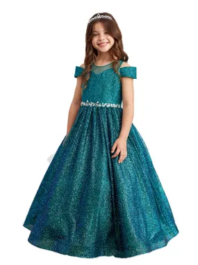 Little Girls Emerald Green Illusion Neckline Off Shoulder Pageant Dress 2-6