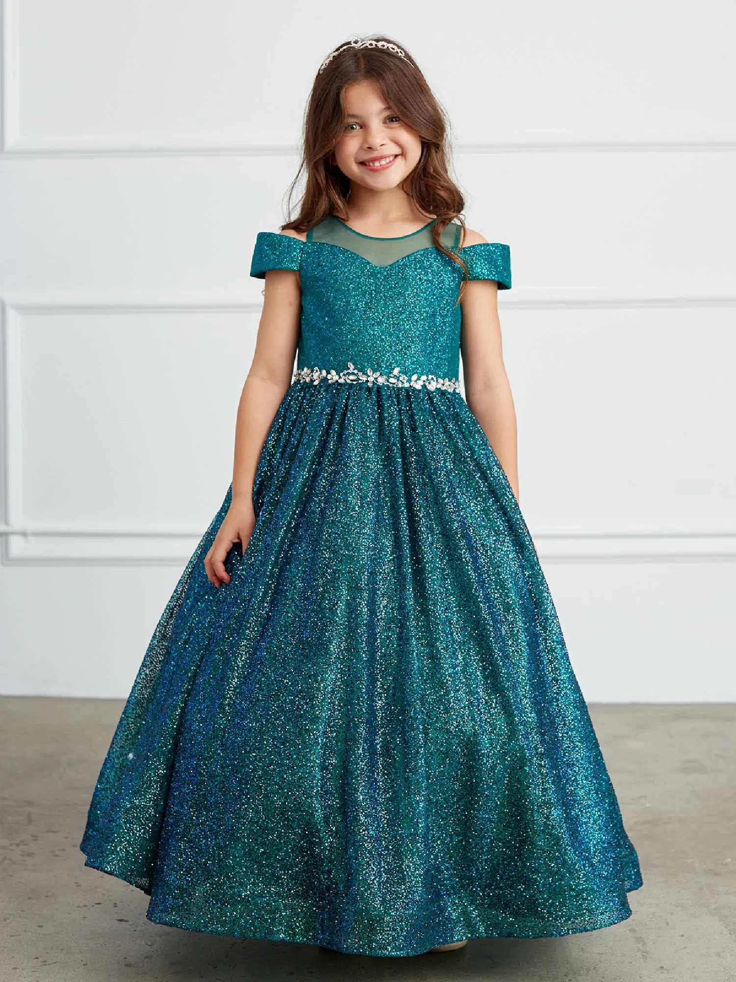 Little Girls Emerald Green Illusion Neckline Off Shoulder Pageant Dress 2-6