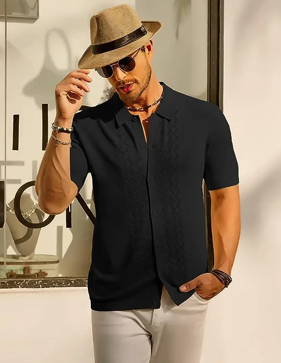 Men's Polo Shirts Breathable Knit Cardigans Shirts Vintage Knitted Shirt Short Sleeve Hollowed Out Casual Clothing