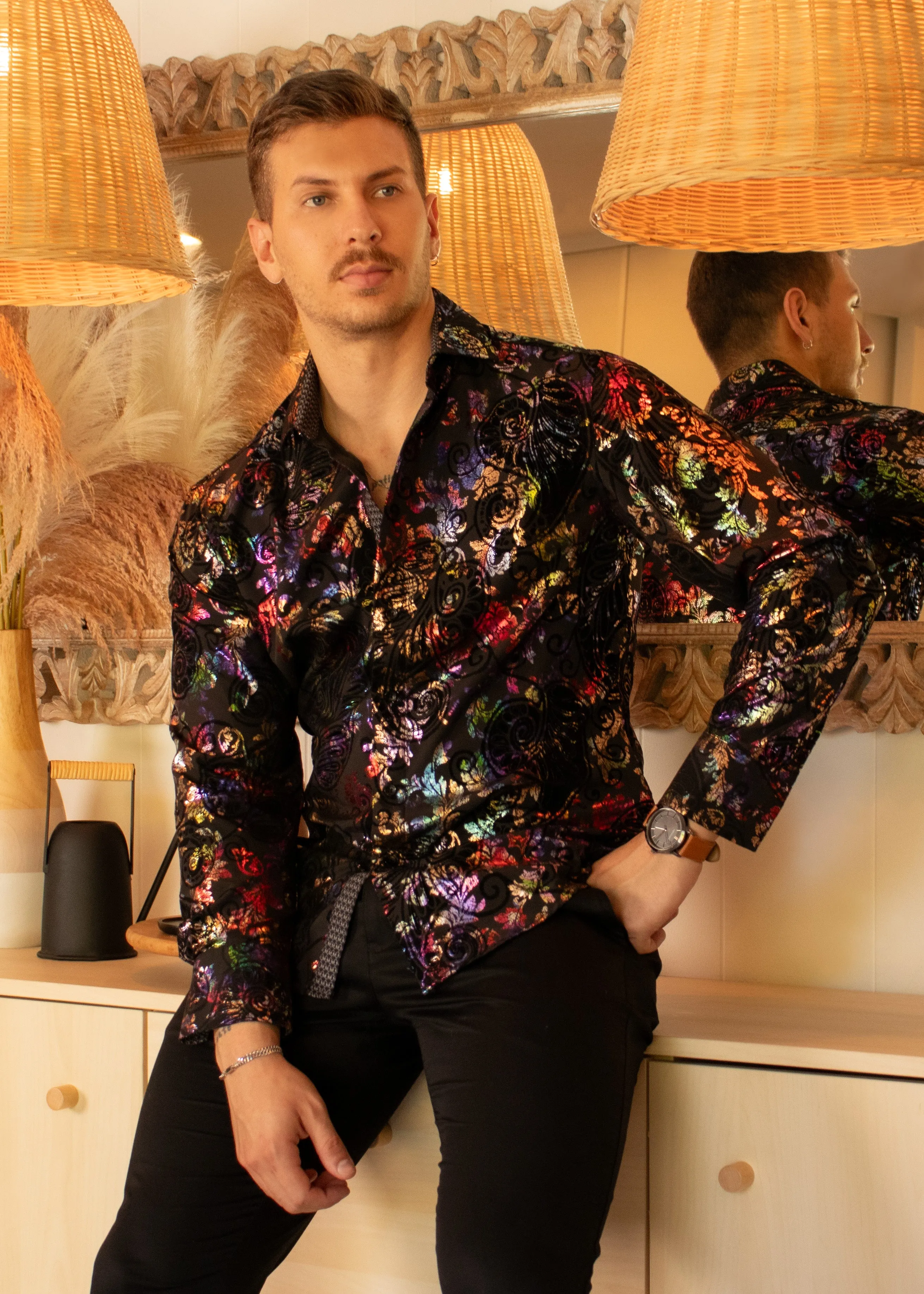 Multicolor Velvet Paisley Long Sleeve Dress Shirt Black