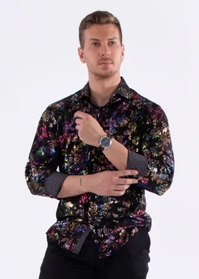 Multicolor Velvet Paisley Long Sleeve Dress Shirt Black