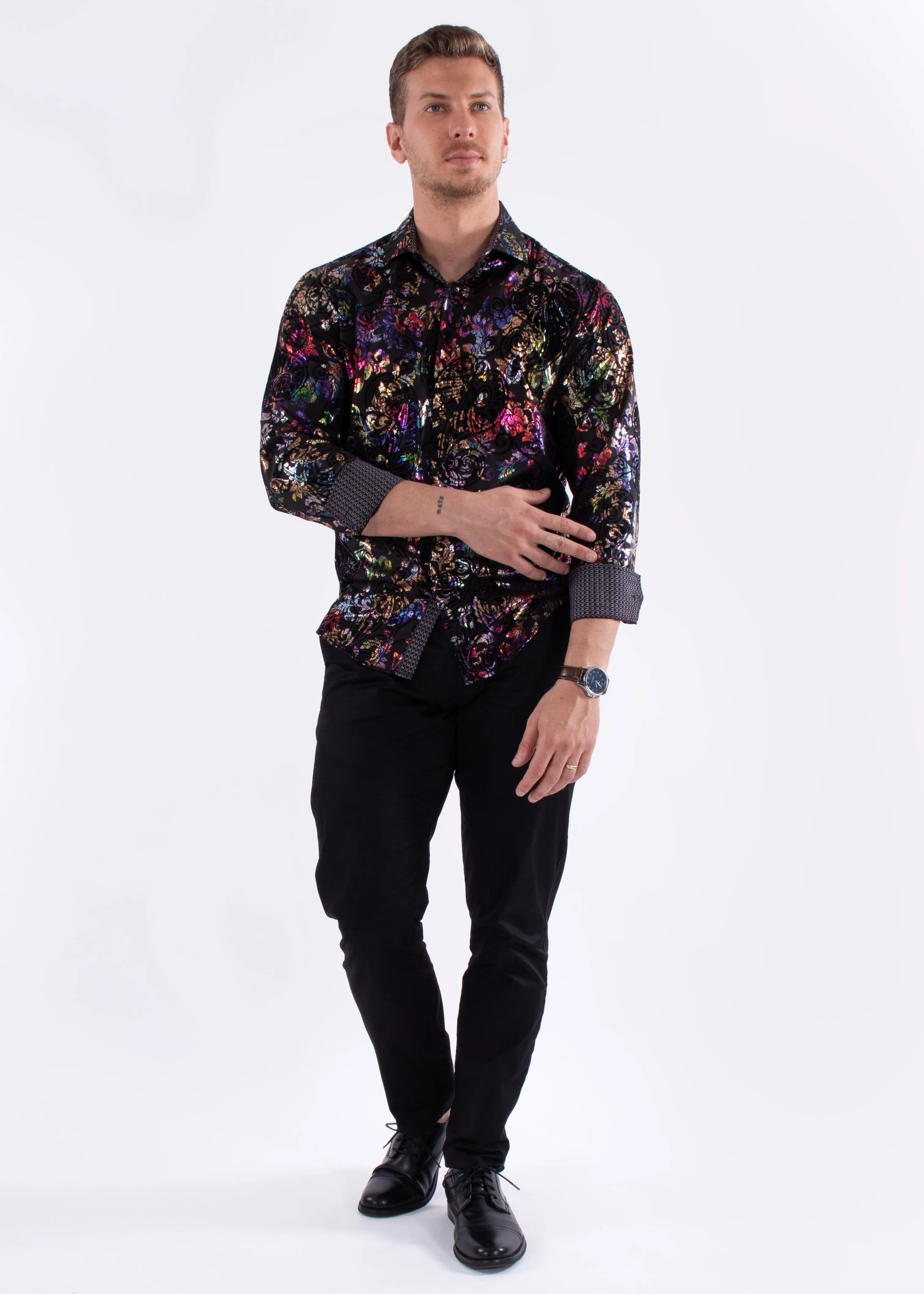 Multicolor Velvet Paisley Long Sleeve Dress Shirt Black