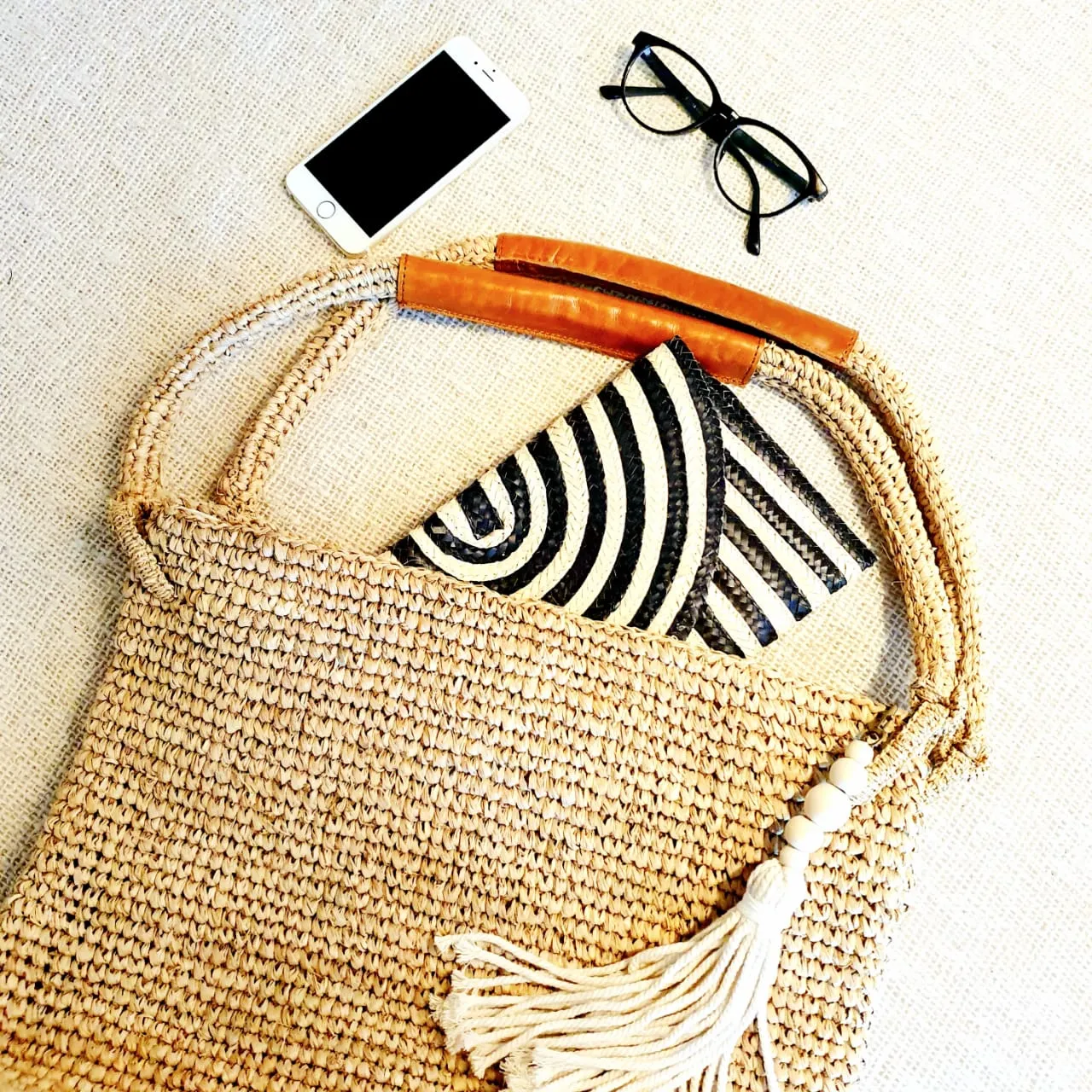 Natural Woven Straw Grass Bag with Leather Handles