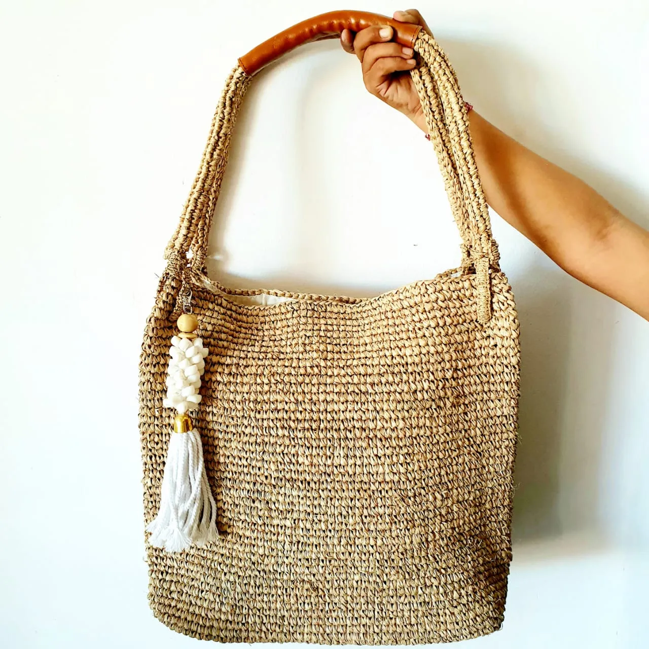 Natural Woven Straw Grass Bag with Leather Handles