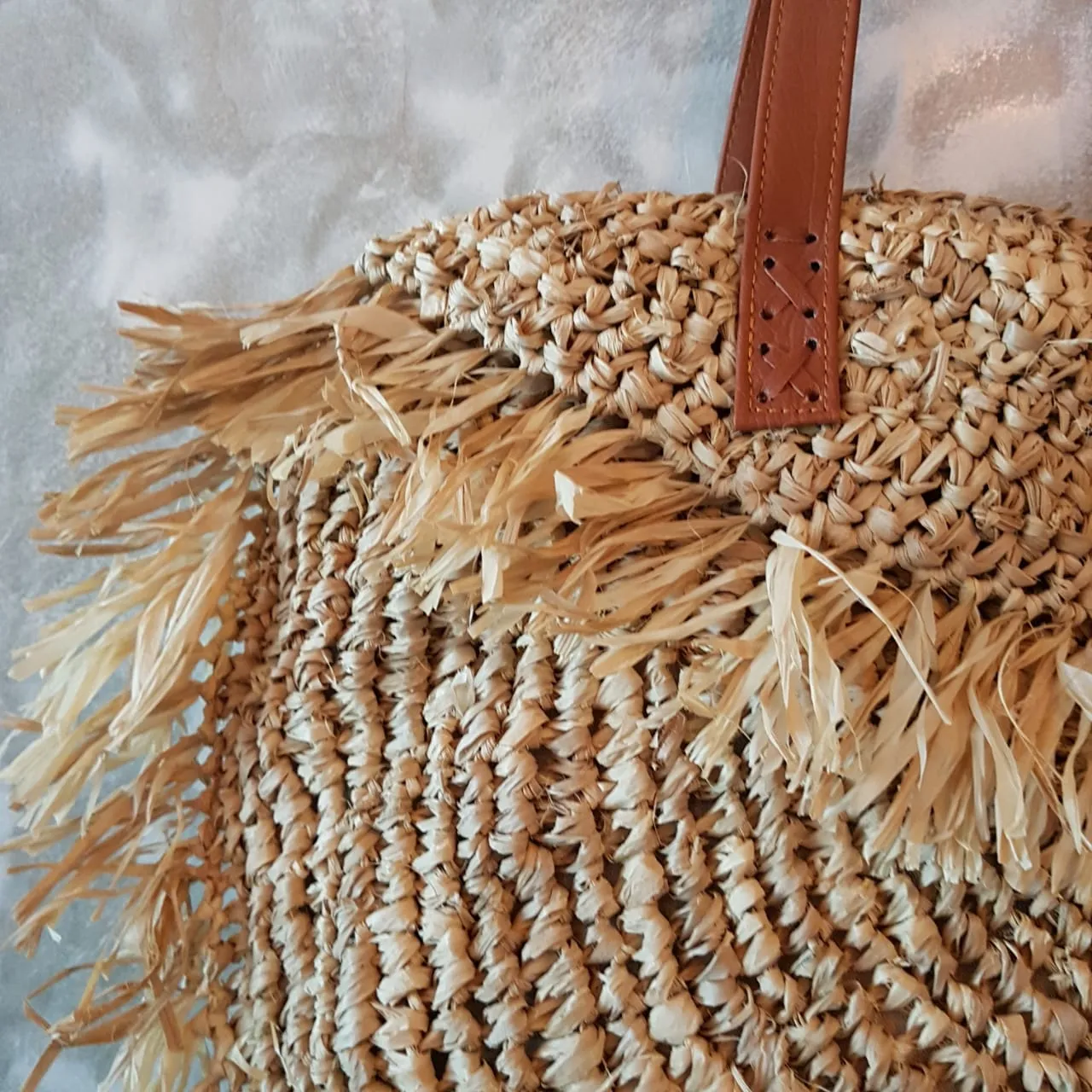 Natural Woven Straw Grass Half Round Bag with Leather Strap